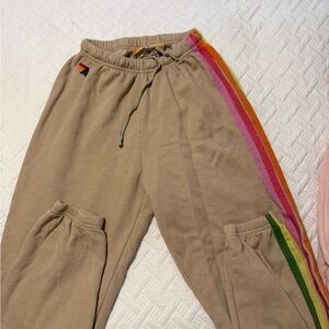 Women Tan Sweatpants with Colorful Side Stripes